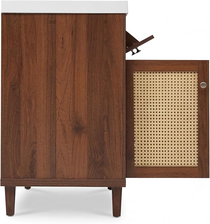 60 Inch Brown Bathroom Vanity with Double Sink,Large Doule Sink Vanity with 2 Tip-Out Trays & 4 Soft Closing Doors,Spacious Storage Space,Silver Knobs,Solid Wood Legs,Woven Rattan Doors Front