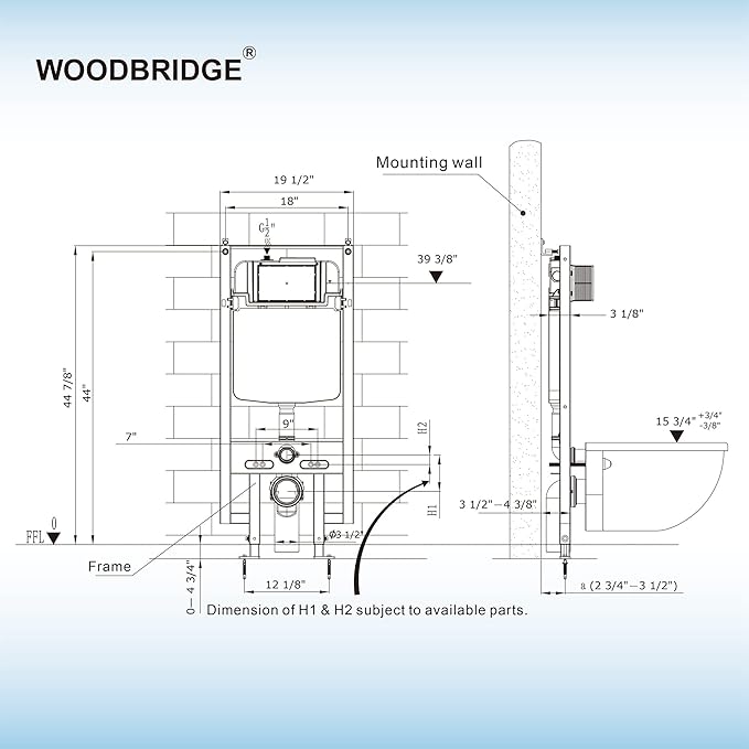 WOODBRIDGE In-Wall Toilet Tank with Polished Chrome Actuator Plate, 0.8 GPF/1.60 GPF Dual Flush,Carrier System for 2 x 4 stud installation, WHTA001