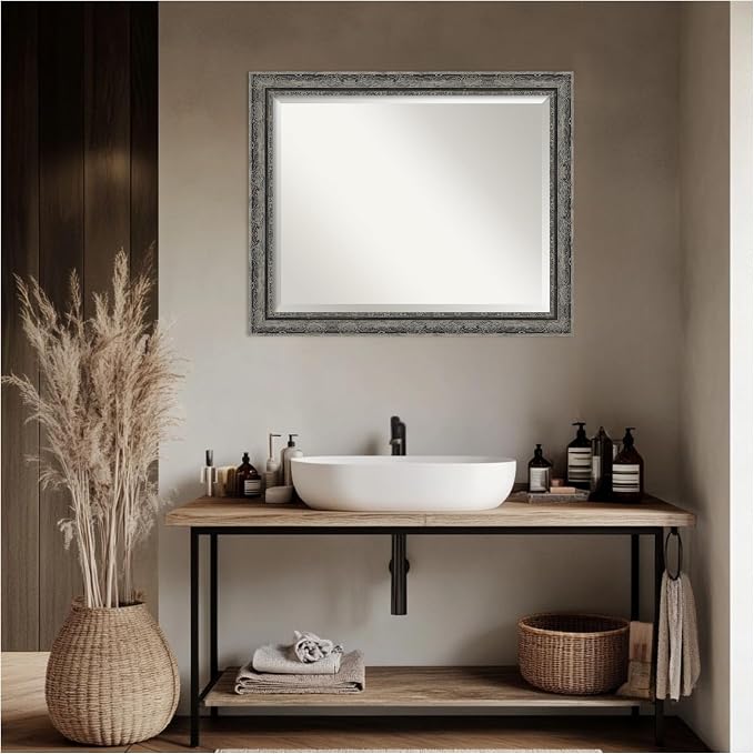 Amanti Art Black Bathroom Mirror for Over Sink, 26x32 Filigree Matte Black Rectangle Vanity Mirror, Large Traditional Frame, Hangs Horizonally and Vertically, Bathroom Wall Decor, Beveled Edge
