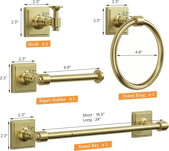 VEHCIL Brushed Gold Bathroom Towel Bar Set, 5 Piece Bathroom Hardware Accessory Set, SUS304 Stainless Steel 24" Towel Rack Holder Set for Bathroom, Wall Mounted