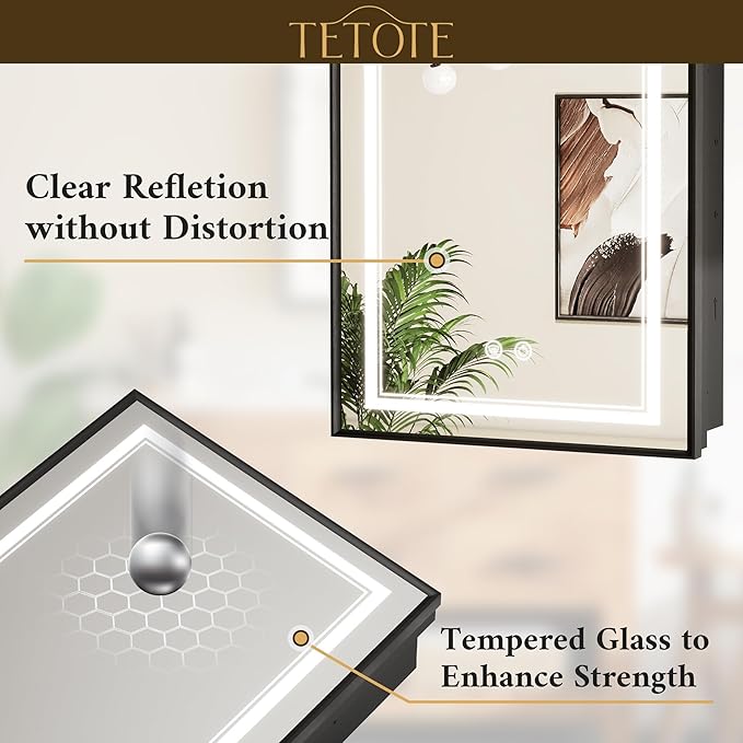 TETOTE Black Lighted Medicine Cabinet with Tempered Glass Mirror 16 x 24 Black Metal Led Recessed Medicine Cabinet for Bathroom with Lights and Storage, 3 Color Dimming, Anti-Fog, 2 Outlets