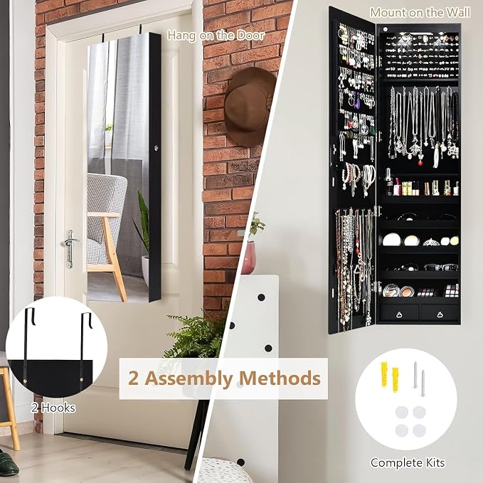 Moccha Wall Door Jewelry Armoire, Full Screen Jewelry Cabinet for Bedroom, Lockable Jewelry Cabinet, Jewelry Organizer Storage with 2 LED Lights and 2 Drawers, Black