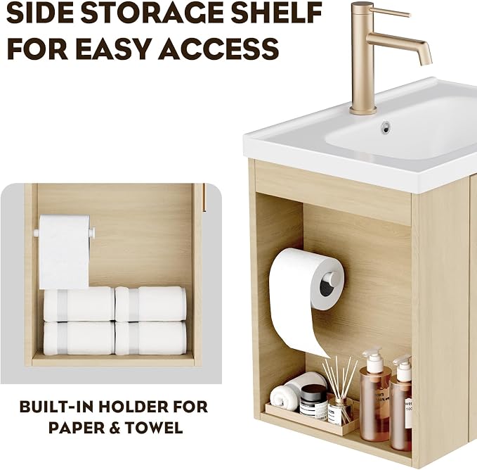 20 Inch Oak Floating Small Bathroom Vanity, Pre-Assembled Wall Mounted Cabinet with Sink, Left Side Storage, Soft-Close Door, Modern Space-Saving Design, No Faucet,BV04-20-OAK-PLUS