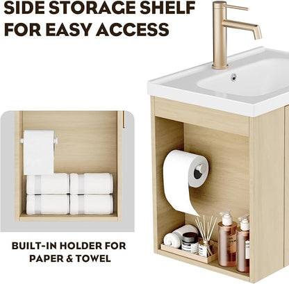 20 Inch Oak Floating Small Bathroom Vanity, Pre-Assembled Wall Mounted Cabinet with Sink, Left Side Storage, Soft-Close Door, Modern Space-Saving Design, No Faucet,BV04-20-OAK-PLUS