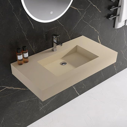 35" x 19" Bathroom Sink with Single Faucet Hole, Stone Resin Wall Mount Sink, Rectangle Solid Surface Vessel Sinks for Bathroom, Floating or Countertop Vessel Sinks, Latte Color