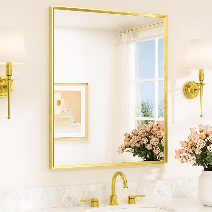 Brushed Gold Mirror for Bathroom Sink 30" x 36" Beveled Frame Brushed Brass Gold Vanity Rectangle Mirror for Bathroom Wall, Modern Farmhouse, Tempered Glass, Stronger Frame