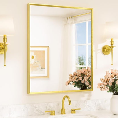 Brushed Gold Mirror for Bathroom Sink 30" x 36" Beveled Frame Brushed Brass Gold Vanity Rectangle Mirror for Bathroom Wall, Modern Farmhouse, Tempered Glass, Stronger Frame