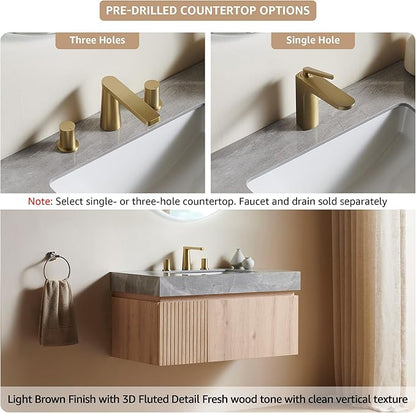 30” Floating Bathroom Vanity with Sink, Wall-Mounted Cabinet with Drawer & Doors, Gray Travertine-Pattern Sintered Stone Top, Undermount Basin, 3 Faucet Hole, Soft-Close, Pre-Assembled, Light Oak