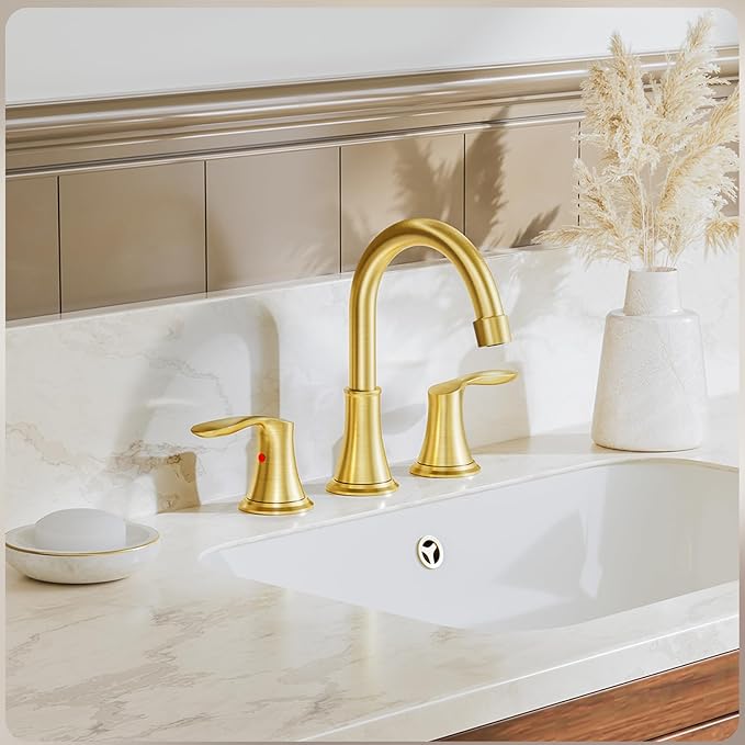 Phiestina Brushed Gold Widespread 8 Inch 3 Holes Bathroom Faucet，2 Handles Modern Bathroom Sink Faucet with Metal Pop-Up Drain & Water Supply Line, WFTY36-BG