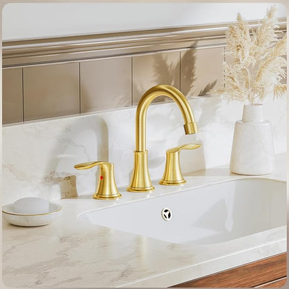 Phiestina Brushed Gold Widespread 8 Inch 3 Holes Bathroom Faucet 2 Pack,2 Handles Modern Bathroom Sink Faucet with Metal Pop-Up Drain & Water Supply Line, WFTY36-BG-2PACK