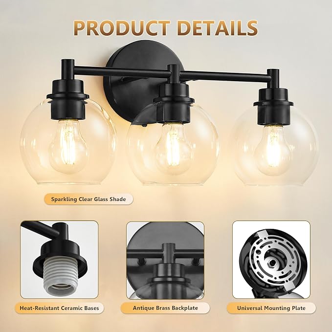 Bathroom Light Fixtures, Vanity Lights for Bathroom 3-Light Black, Bathroom Lighting Fixtures Over Mirror with Clear Glass Globe Shade, Bathroom Vanity Light for Living Room Kitchen Bedroom Hallway