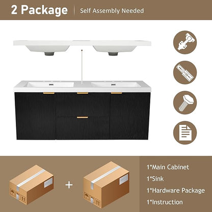 60" Bathroom Vanity with Sink Combo, Floating Double Sink Bathroom Vanity with SMC Resin Top, MDF Cabinet with Solid Wood Frame, Wall-Mounted Bath Room Vanities for Large Bathrooms (60''-Black)