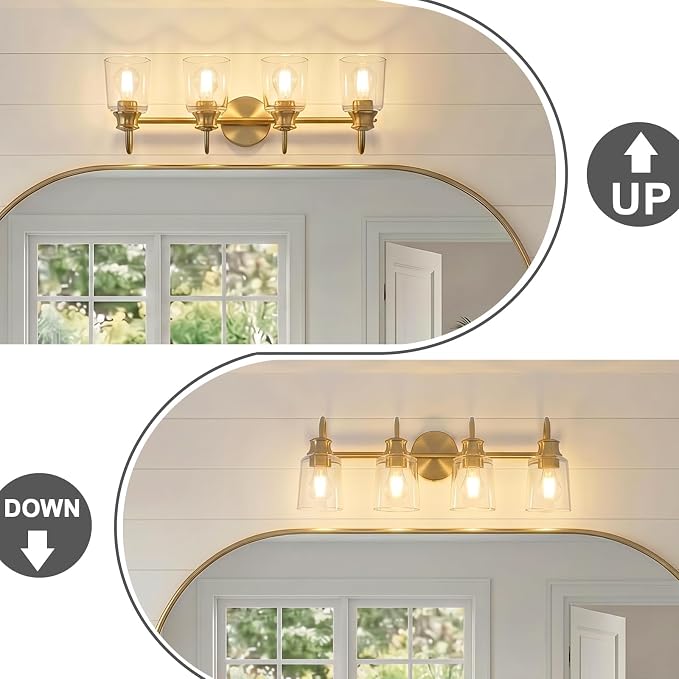 4 Lights Bathroom Light Fixtures Modern Gold Vanity Lights | ETL Certificate, Easy to Install,Wall Mount Up or Down,Thickened Glass Lampshade,E26 Socket,Hardwired