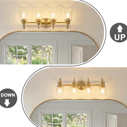 4 Lights Bathroom Light Fixtures Modern Gold Vanity Lights | ETL Certificate, Easy to Install,Wall Mount Up or Down,Thickened Glass Lampshade,E26 Socket,Hardwired
