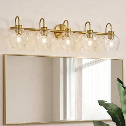 Brushed Gold Vanity Light, 5 Light Bathroom Light Fixtures with Clear Diamond-Shape Hammered Glass, Brass Vintage Ripple Wall Lights for Hallway, Bedroom, Anti-Rust, E26 Base (No Bulbs)