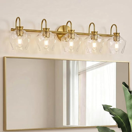 Brushed Gold Vanity Light, 5 Light Bathroom Light Fixtures with Clear Diamond-Shape Hammered Glass, Brass Vintage Ripple Wall Lights for Hallway, Bedroom, Anti-Rust, E26 Base (No Bulbs)