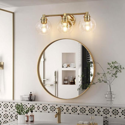 Upgrade 3-Light Bathroom Light Fixtures, Modern Vanity Light with Globe Glass Shade, Brushed Gold Bathroom Lights Over Mirror, Vanity Lights for Bathroom Bedroom Kitchen Hallway Living Room