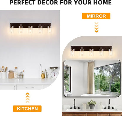 5 Lights Bathroom Light Fixtures Oil Rubbed Bronze Vanity Light with Clear Glass Shade 36in Modern Bathroom Lighting Fixtures Over Mirror for Bedroom/Living Room