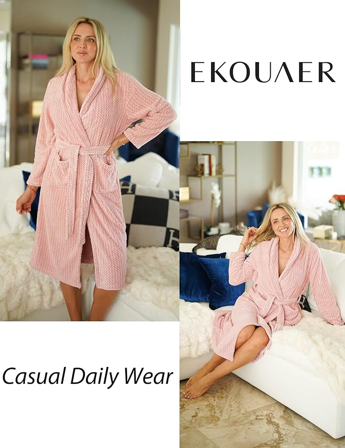 Ekouaer Women's Robe Long Plush Soft Bathrobe Cozy Warm Robes Shawl Collar Sleepwear with Pockets