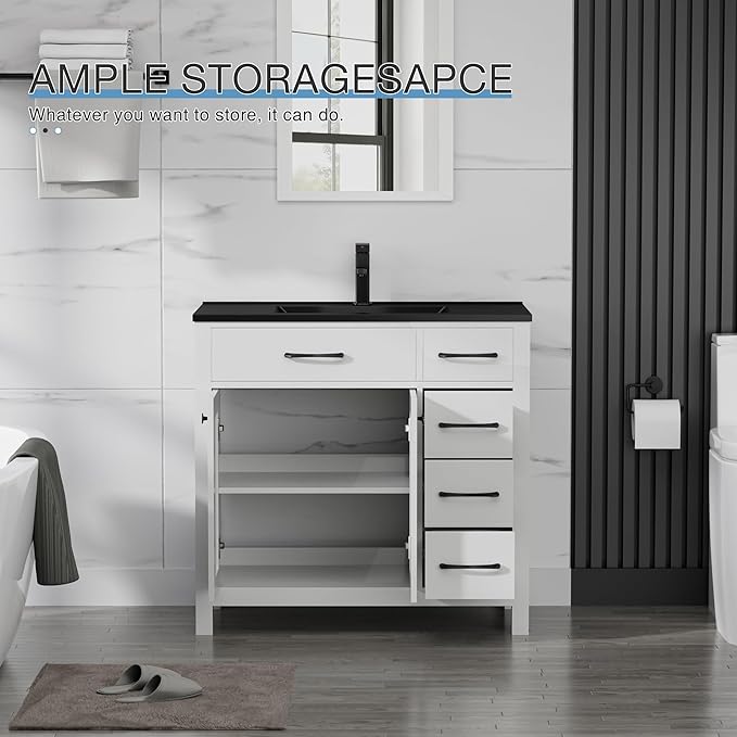 LUCKWIND 36" Bathroom Vanity with Black Sink Combo, Painted Modern Bathroom Storage Cabinet with Black Sink, Two Doors and Three Drawers, Include Faucet Without Mirror, White