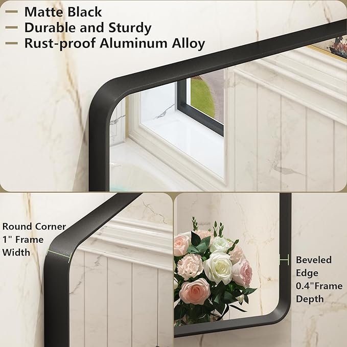 OKPAL 20X28 Inch Matte Black Bathroom Mirror for Wall, Black Metal Frame Vanity Mirror, Black Rounded Rectangle Mirror for Bedroom, Anti-Rust, Wall Mounted (Horizontal/Vertical)