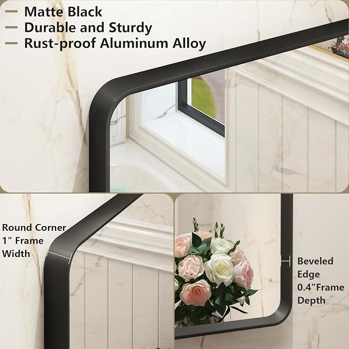 OKPAL 24X32 Inch Black Metal Framed Bathroom Mirror for Wall, Rounded Rectangle Matte Black Vanity Mirror for Bedroom with Beveled Border, Anti-Rust, Shatterproof (Horizontal/Vertical)