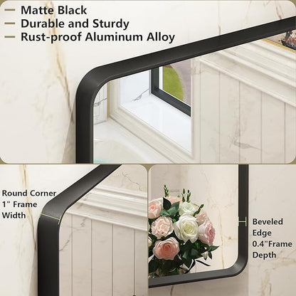 OKPAL 24x28 Black Bathroom Mirror for Wall, Black Metal Framed Bathroom Vanity Mirror, Modern Rounded Rectangle Mirror, Anti-Rust (Horizontal/Vertical)