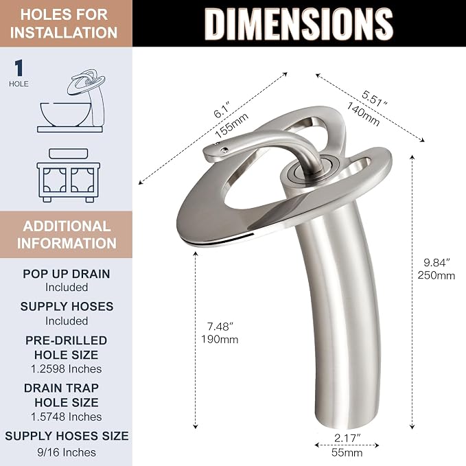Brushed Nickel Tall Bathroom Faucets 1 Hole, Single Hole Vessel Sink Vanity Faucet, Unique Modern Bathroom Mixer Tap for Bowl Sink Lavatory, llaves para lavamanos de baño,lavamanos de baño modernos