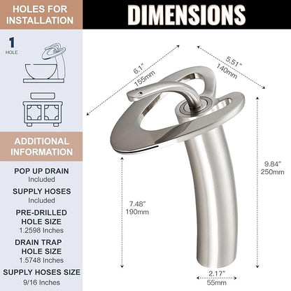 Brushed Nickel Tall Bathroom Faucets 1 Hole, Single Hole Vessel Sink Vanity Faucet, Unique Modern Bathroom Mixer Tap for Bowl Sink Lavatory, llaves para lavamanos de baño,lavamanos de baño modernos