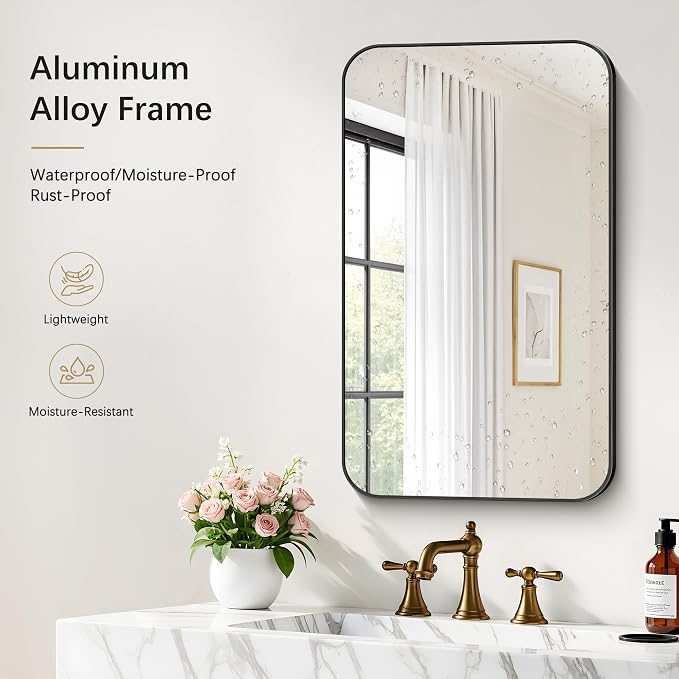 DESBING 18"x30" Bathroom Mirror for Over Sink, Black Framed Wall Mirror | High-Definition Shatterproof Vanity Mirror with Rounded Corner for Bedroom Living Room Entryway Horizontally or Vertically