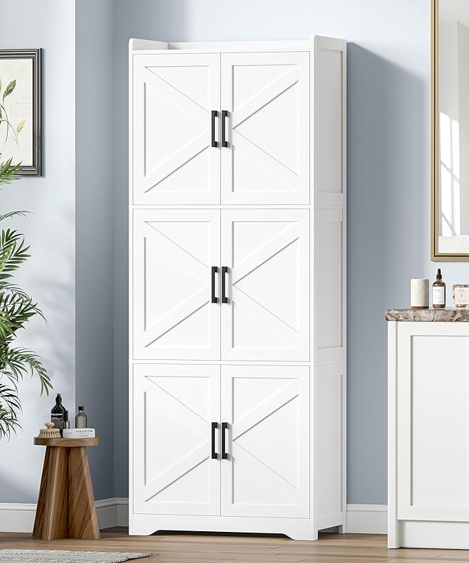 Akxomel Tall Bathroom Floor Cabinet with 6 Barn Door 60.2''H Pantry White | 11.6''D x 22.6''W Linen Storage Cabinet with Adjustable Shelves, for Kitchen, Living Room, Entryway