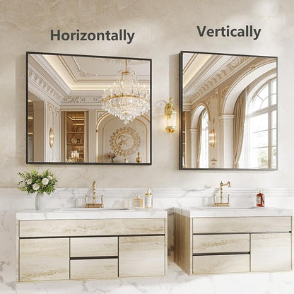 Koonmi Bathroom Mirror for Wall, 28"x32" Black Bathroom Mirror for Over Sink, Shatterproof Tempered Glass Vanity Mirror with Anti-Rust Aluminum Alloy Frame, Hang Horizontally or Vertically