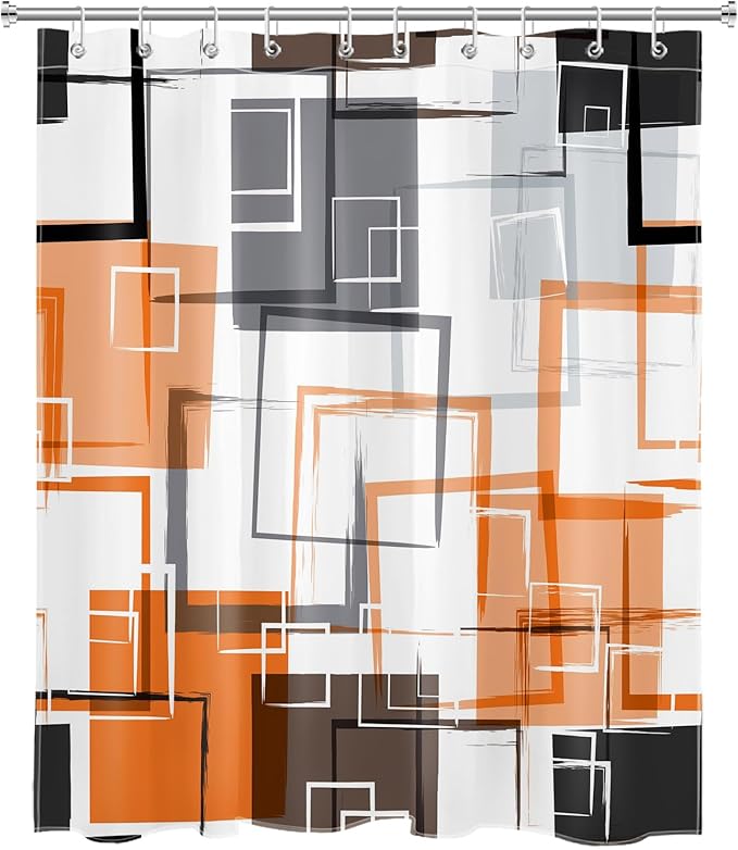 Orange Geometric Shower Curtain with Hooks,Gray Black and White Abstract Striped on White Fabric Shower Curtain for Bathroom Decor Modern Minimalist Shower Curtain Set,72L X 60W inches