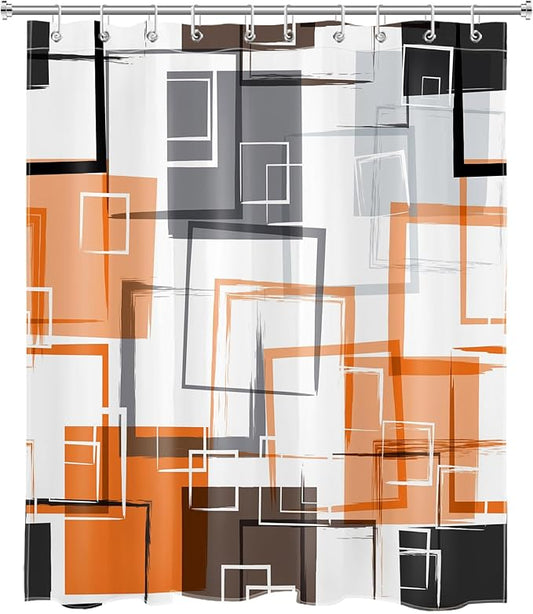 Orange Geometric Shower Curtain with Hooks,Gray Black and White Abstract Striped on White Fabric Shower Curtain for Bathroom Decor Modern Minimalist Shower Curtain Set,72L X 60W inches