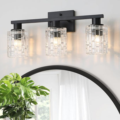 3 Light Matte Black Bathroom Vanity Light Over Mirror, Modern Vanity Lighting with Crystal Glass Shade, Wall Mount Bathroom Light Fixtures, E26 Base