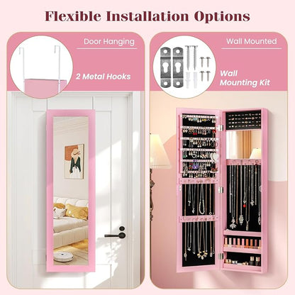 COSTWAY Full Length Mirror Jewelry Armoire, Wall Door Mounted Jewelry Cabinet Organizer with Makeup Mirror, Ring Slots and Necklace Hooks for Bedroom, Dressing Room (Pink)