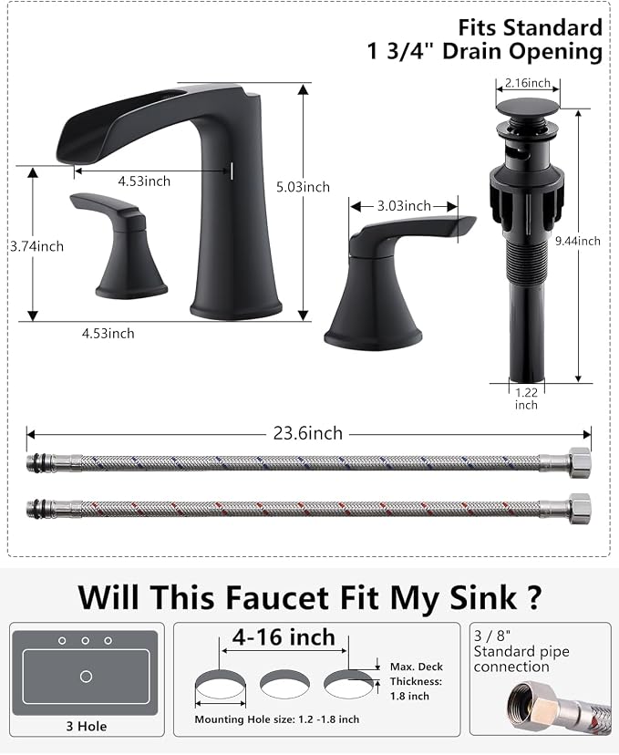 Fapully Black Bathroom Faucet 3 Hole, Waterfall 8 Inch Widespread Bathroom Sink Faucet with Pop-up Drain, Two-Handle Faucet for Bathroom Sink