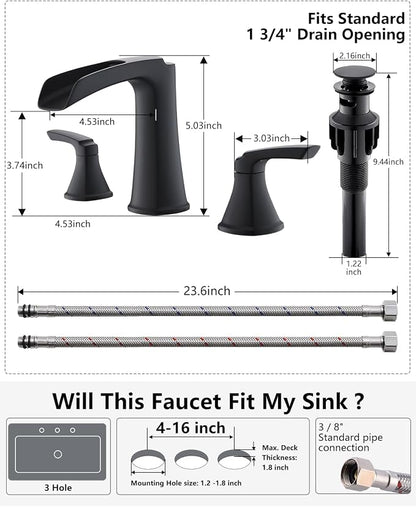 Fapully Black Bathroom Faucet 3 Hole, Waterfall 8 Inch Widespread Bathroom Sink Faucet with Pop-up Drain, Two-Handle Faucet for Bathroom Sink