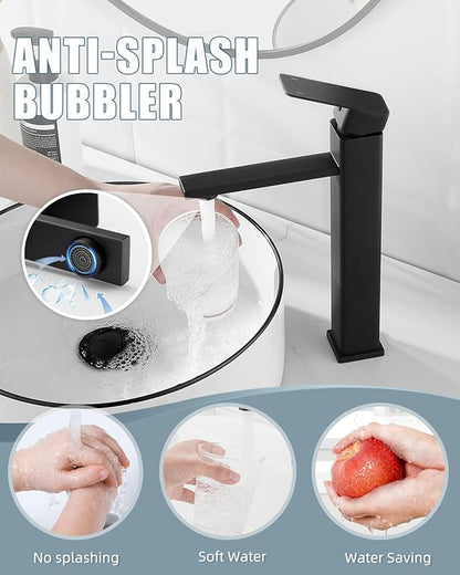 Bathroom Faucets, Matte Black Bathroom Faucet with Pop-up Drain and 2 Supply Hoses, Single Hole High Barrel Vanity Faucet for Vessel Sink, Single Handle Stainless Steel RV Faucet