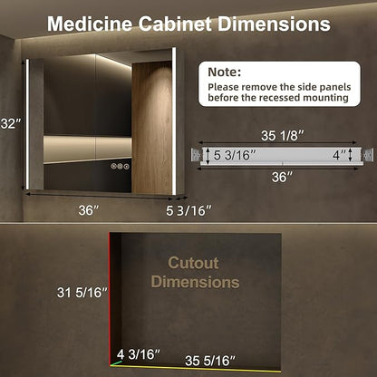 Medicine Cabinet with LED Lights and Mirror, 36 x 32 Inch Surface or Recessed Mounted Bathroom Cabinets with Door, Defogger, Memory Function, 3-Color Mode, Outlet&USB, Dimmer, Storage Shelf