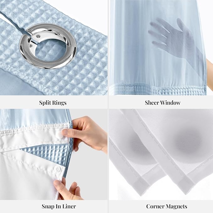 River Dream Cotton Blend Shower Curtain Set with Liner, Misty Blue, 54x80 | Waffle Weave, No Hook Needed, with Snap in Replacement Liner, Top Sheer Window, Hotel Quality Fabric for Bathroom