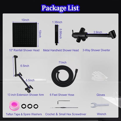 All Metal Rain Shower Head with Handheld Combo, YDmeet 10 Inch Rainfall Shower Head, Stainless Steel Hand Wand, 3 Setting Diverter, Adjustable Extension Arm w/Lock Joints, 71" Extra Long Hose, Black
