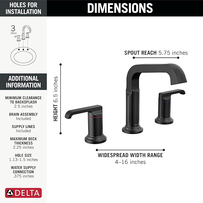 Delta Faucet Tetra Matte Black Widespread Bathroom Faucet 3 Hole, Black Bathroom Faucet for Bathroom Sink, Bathroom Sink Faucet, Diamond Seal Technology, Metal Drain Assembly, Matte Black 35589-BL-DST