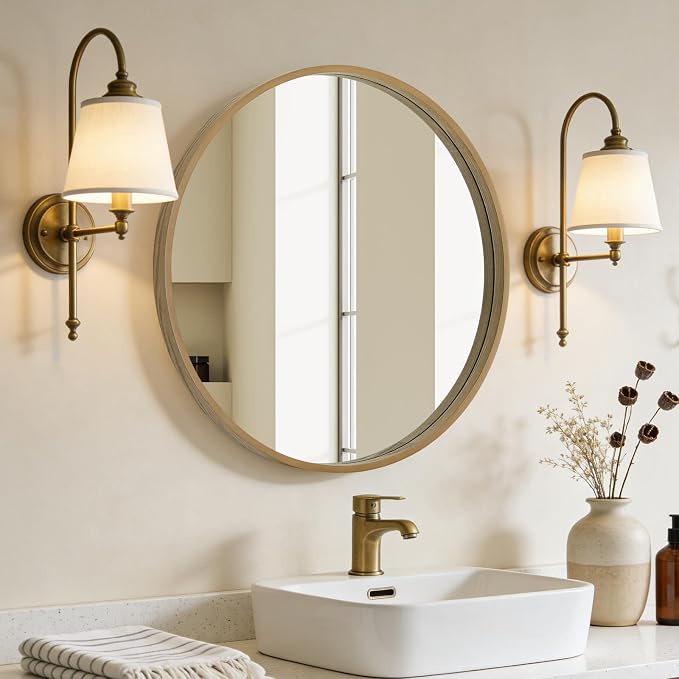 Round Mirror with Wood Frame, 28" Circle Modern Decoration Large Home Decor Mirror for Bathroom Living Room Bedroom Entryway (28" Diameter, Natural Wood)