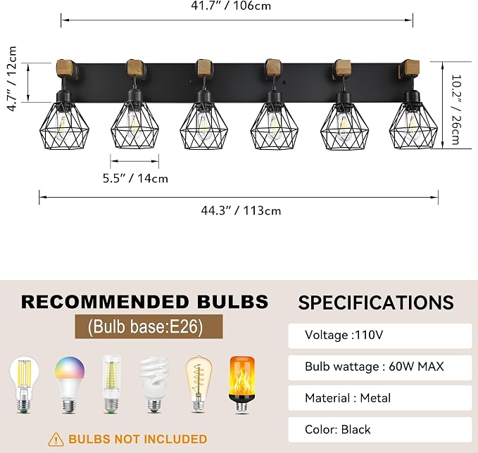 maesta 6 Light Bathroom Vanity Light, Farmhouse Black Fixture Over Mirror | Farmhouse Bathroom Light Fixtures, Wood & Metal, Anti-Rust, Easy to Install for Rustic Bathroom Hallway