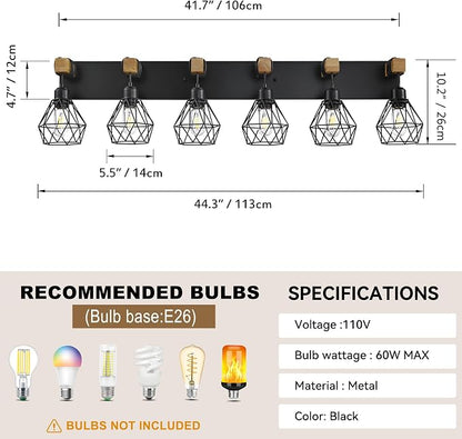 maesta 6 Light Bathroom Vanity Light, Farmhouse Black Fixture Over Mirror | Farmhouse Bathroom Light Fixtures, Wood & Metal, Anti-Rust, Easy to Install for Rustic Bathroom Hallway