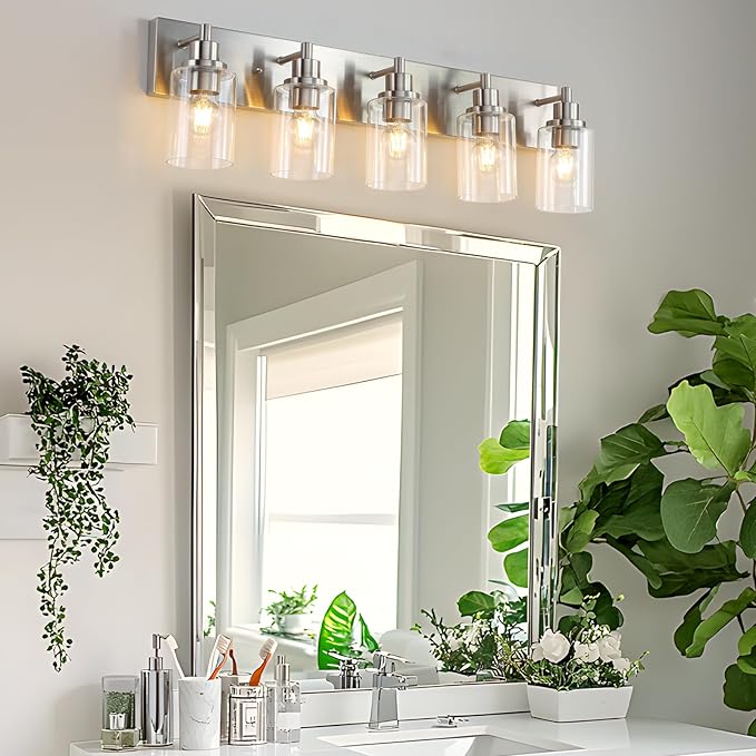 LOUSACE 5 Light Bathroom Vanity Light Brushed Nickel, Bathroom Lighting Fixtures with Clear Glass Shades Over Vanity Mirror, Modern Wall Sconces Fixtures for Bedroom Living Room, E26 Socket