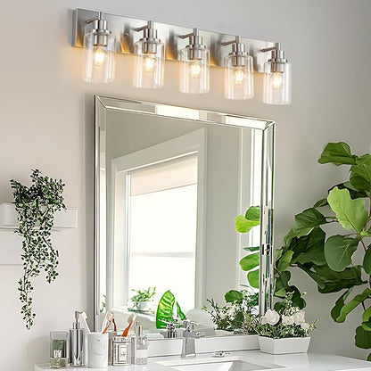 LOUSACE 5 Light Bathroom Vanity Light Brushed Nickel, Bathroom Lighting Fixtures with Clear Glass Shades Over Vanity Mirror, Modern Wall Sconces Fixtures for Bedroom Living Room, E26 Socket