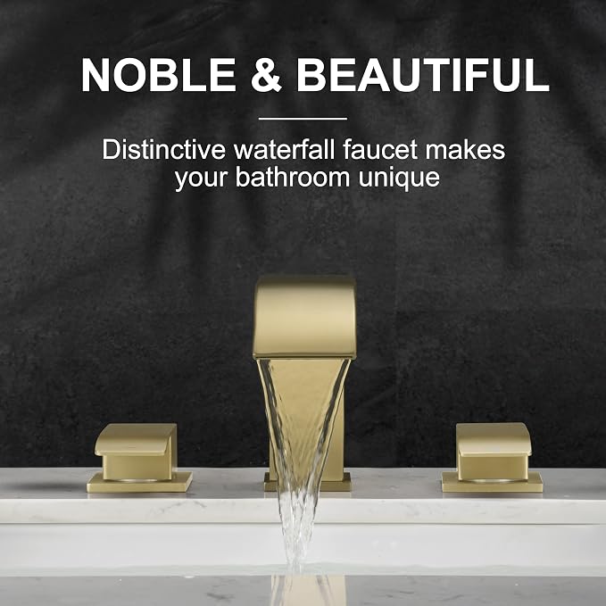 Brushed Gold 8 Inch Waterfall Bathroom Faucet - Bathroom Faucets for Sink 3 Hole, Widespread Bathroom Sink Faucet 2 Handles, Modern Vanity Faucets, with cUPC Supply Lines