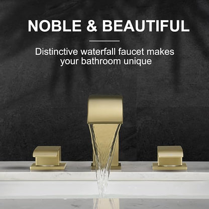 Brushed Gold 8 Inch Waterfall Bathroom Faucet - Bathroom Faucets for Sink 3 Hole, Widespread Bathroom Sink Faucet 2 Handles, Modern Vanity Faucets, with cUPC Supply Lines